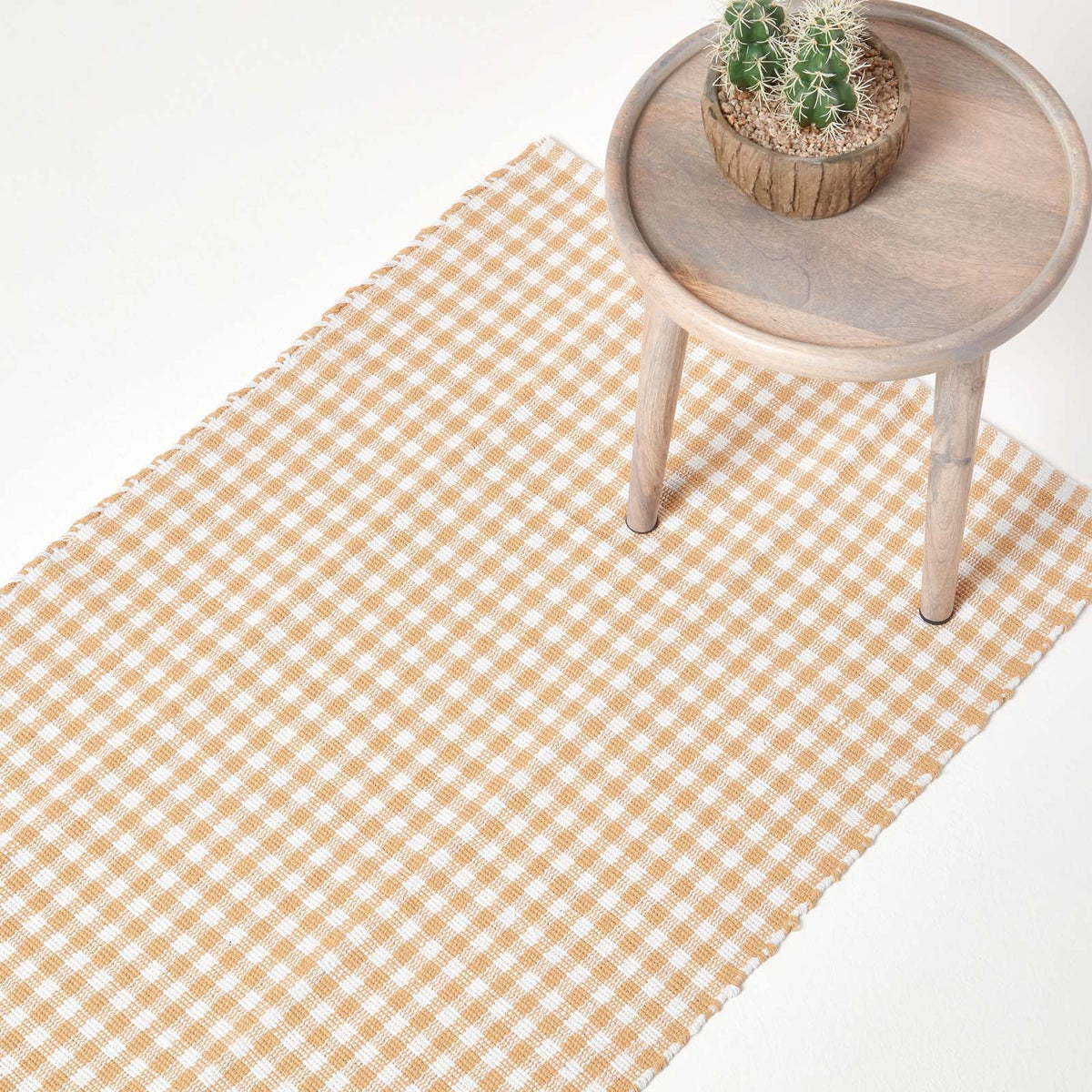 Cotton Gingham Check Rug Hand Woven | 200cm | Beige