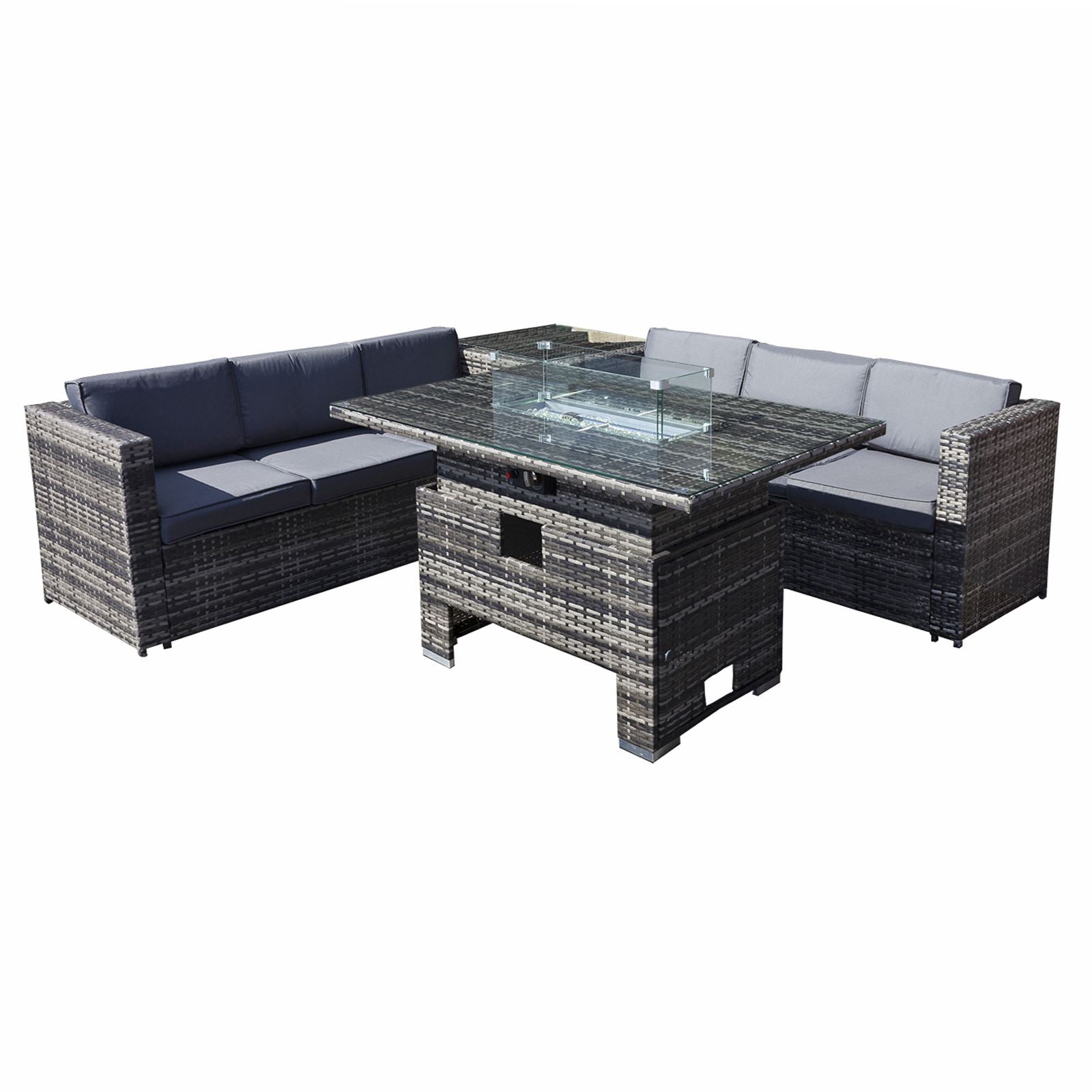 Malta Rattan 6 Seat Rising Firepit Corner Set | Walnut Grey