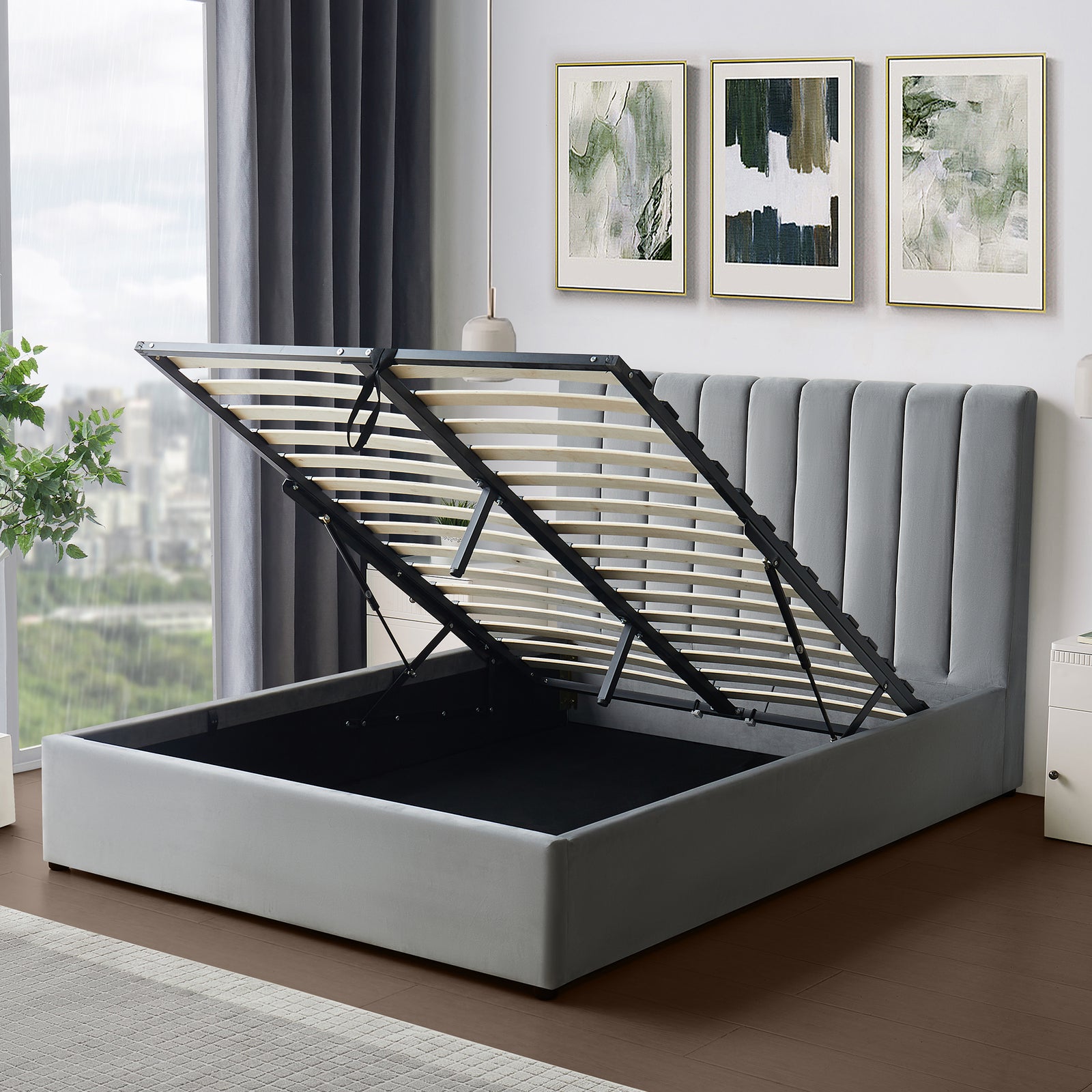 Corwin Grey Velvet Ottoman Storage Bed Frame - 4 Sizes Available | Double