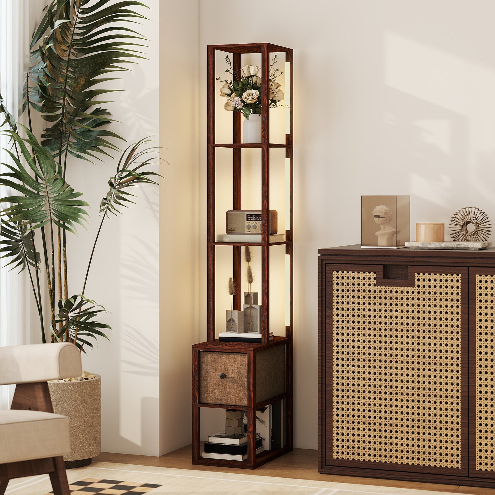 Floor Lamp With Shelves, Led Standing Lamp With Fabric Drawer | Dark Brown