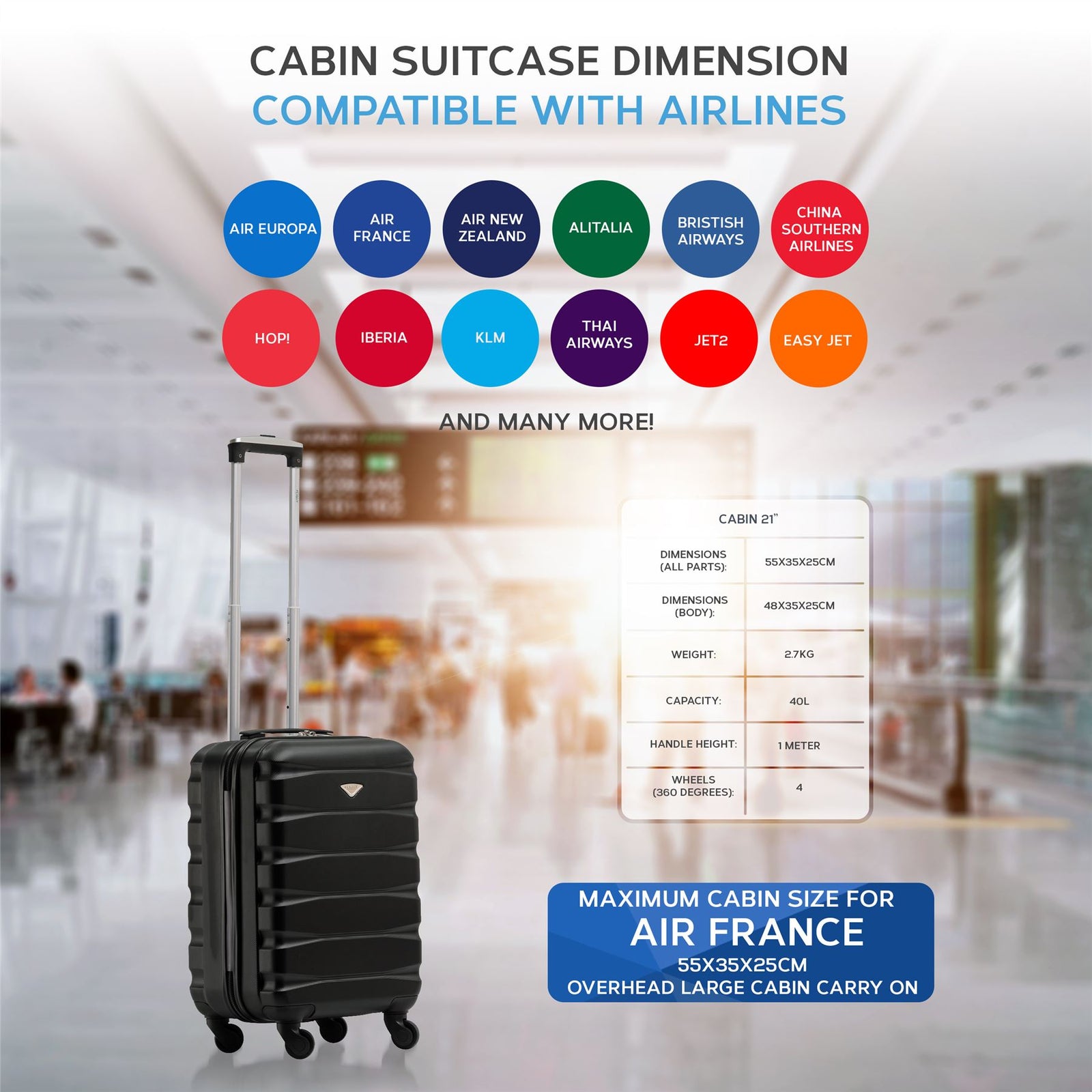 55x35x25cm Lightweight Suitcase - Cabin Carry On - Hard Shell - 4 Wheels Overhead Luggage | Cabin | Black