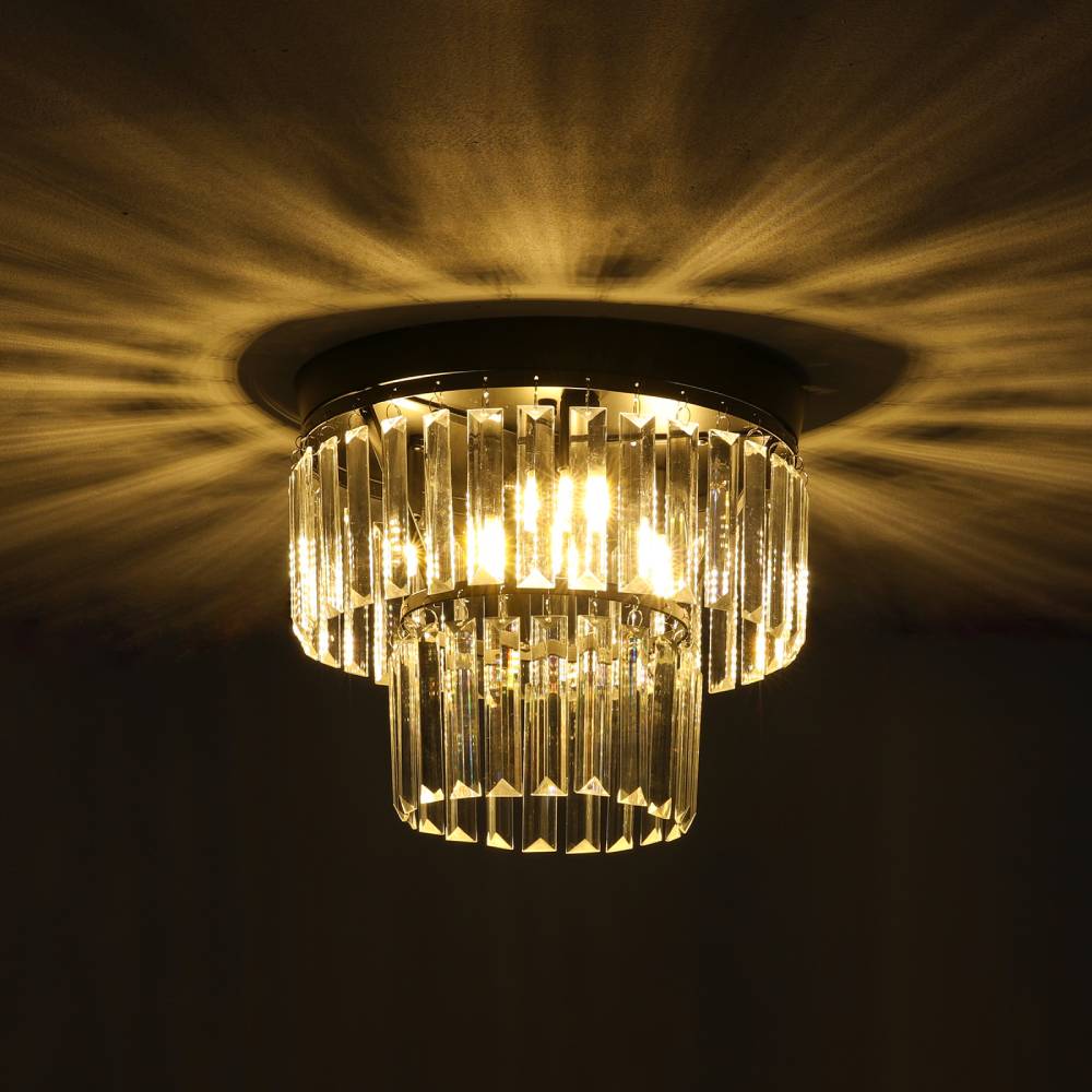Modern Double Layer Crystal Prisms Flush Mount Ceiling Light Metal Base Chandelier Lamp