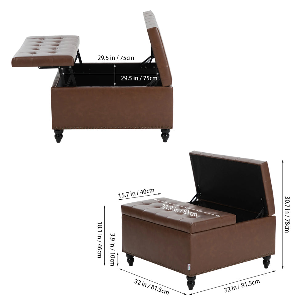 Square Pu Leather Upholstered Storage Ottoman With Lift-top & Flip Design
