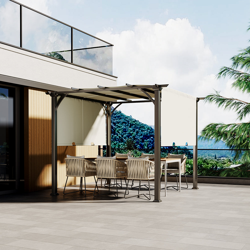 3m*3m*2.4m H Outdoor Pergola With Retractable & Pa-coated Polyester Canopy,heavy-duty Metal Frame Patio Gazebo For Backyard Or Garden