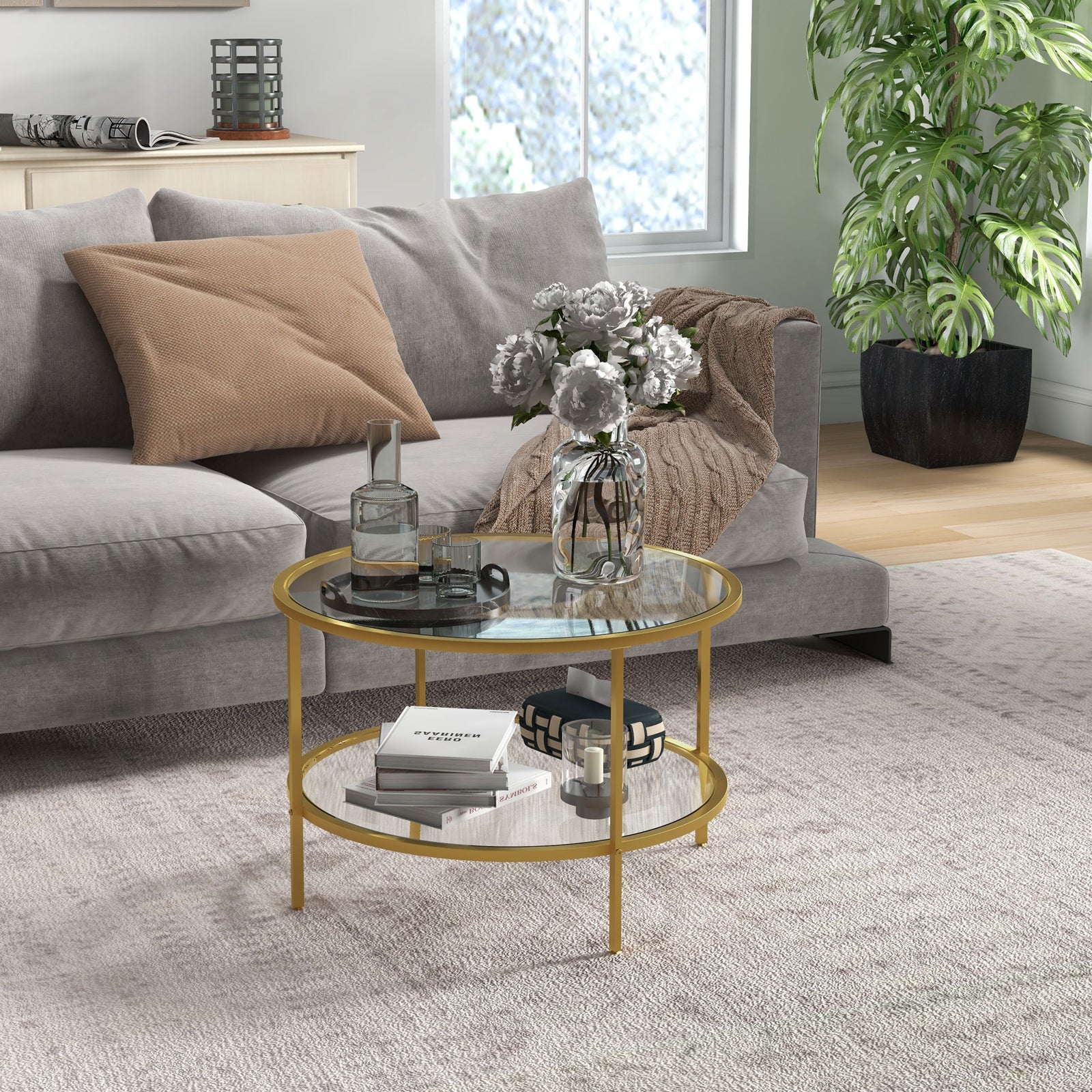 HOMCOM Round Coffee Table With Storage Shelf And Tempered Glass Top, Gold