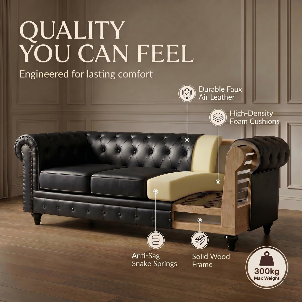 Chesterfield Scroll Arm Faux Leather Sofa 3 Seater | Black