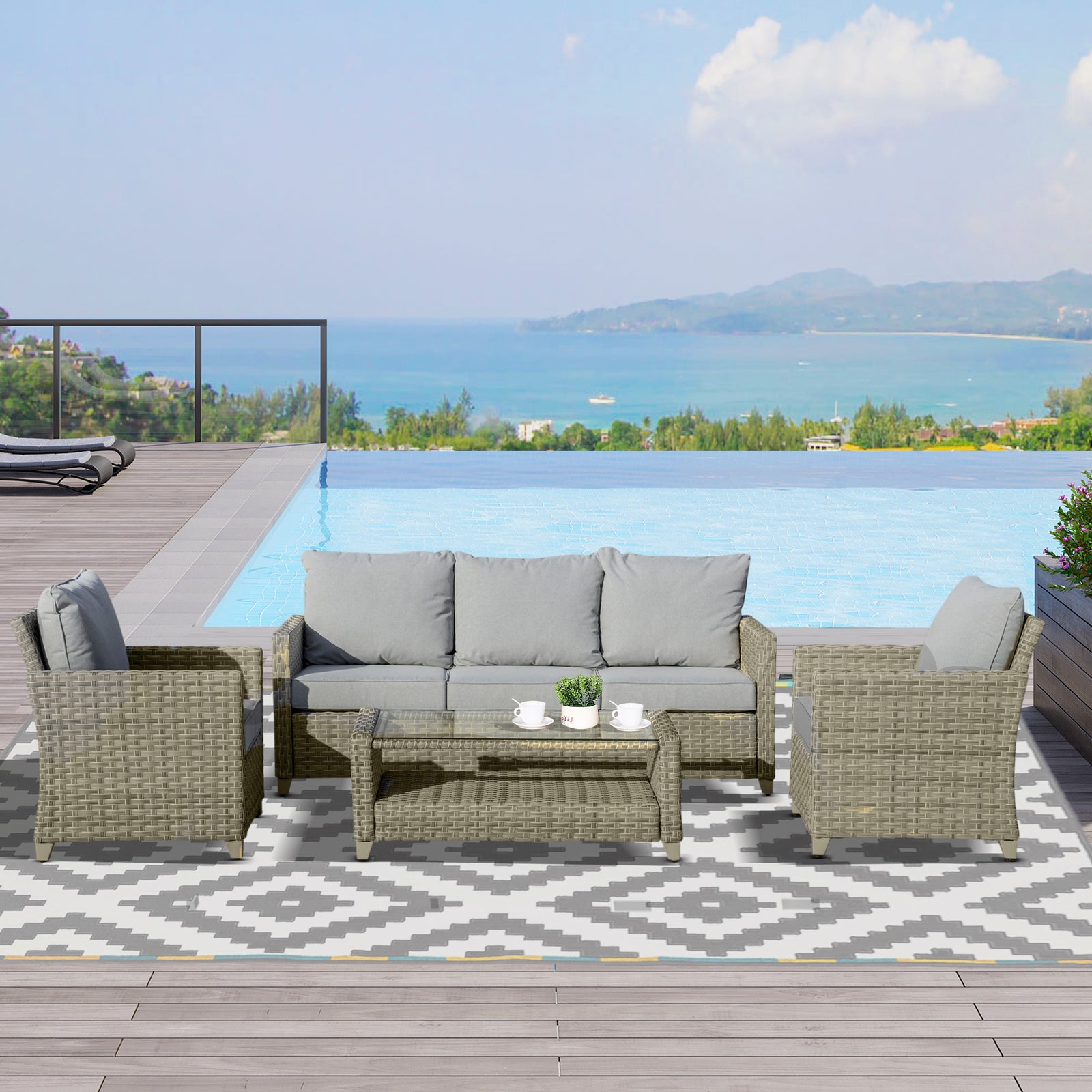 4 Pieces Patio Rattan Sofa Set Conversation Furniture