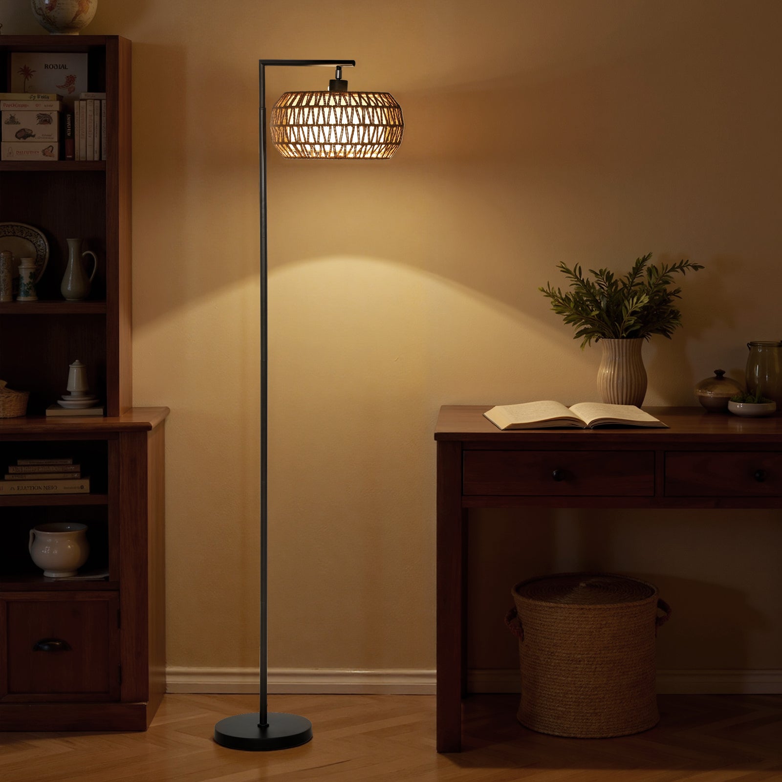 HOMCOM Dimmable Standing Lamp With Double Shade, Boho Floor Lamp, Black