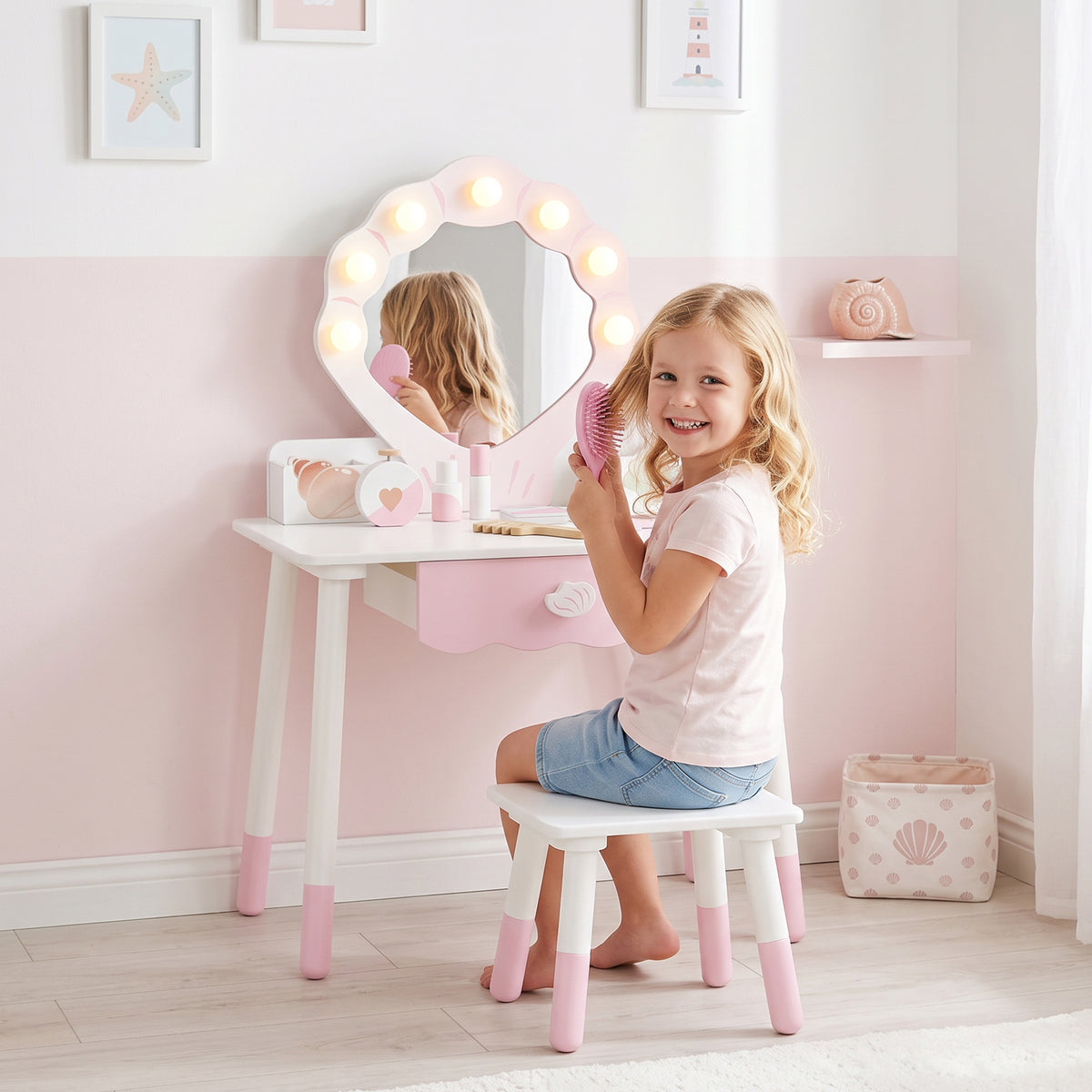 AIYAPLAY Kids Vanity Set With Chair, Acrylic Mirror, Lighted Bulbs, Pink