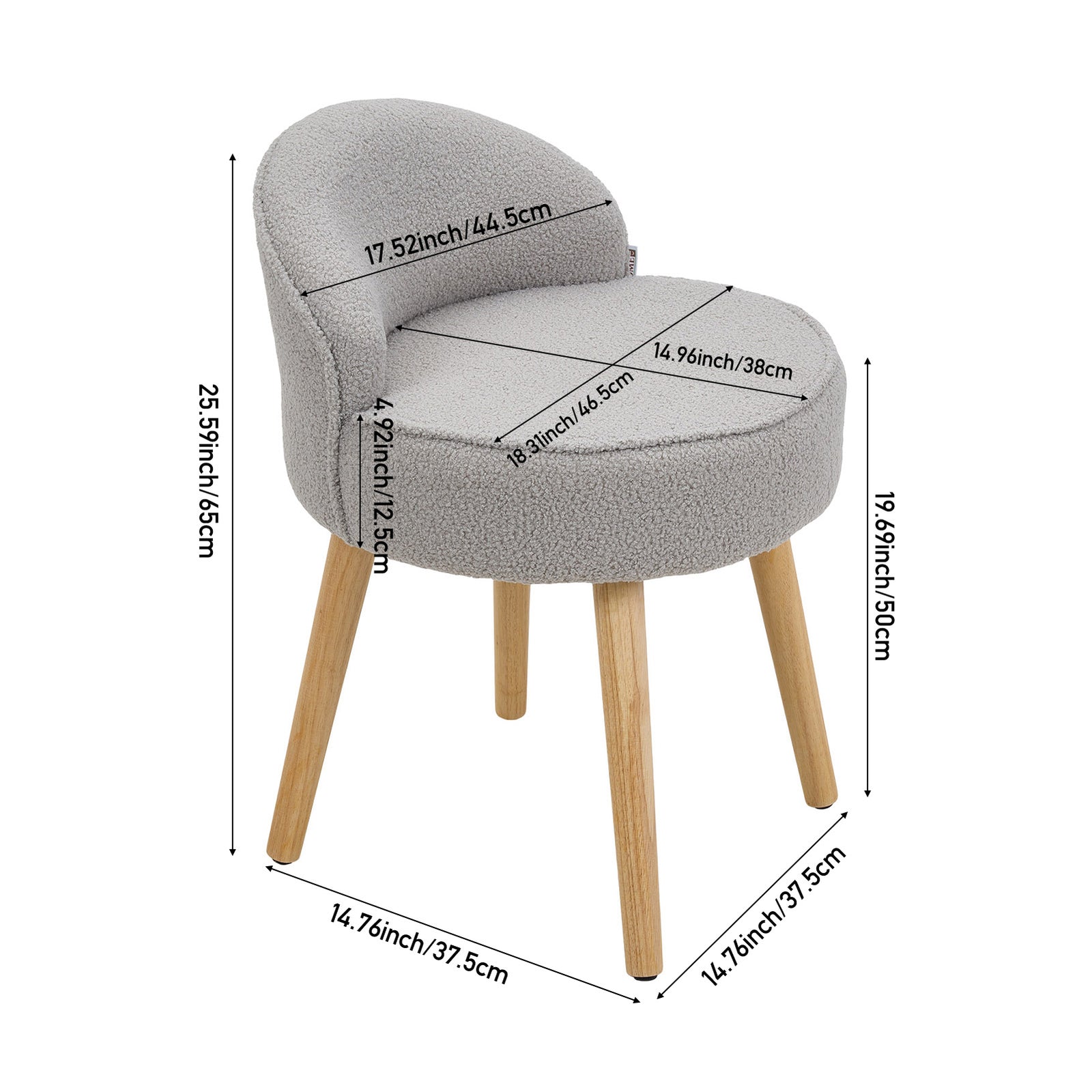 Teddy Fleece Dressing Table Stool With Rubberwood Legs | Grey