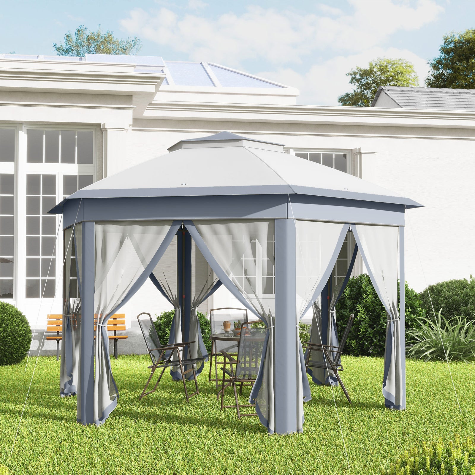 4x4m Hexagon Gazebo With Metal Frame Mesh Curtains Garden