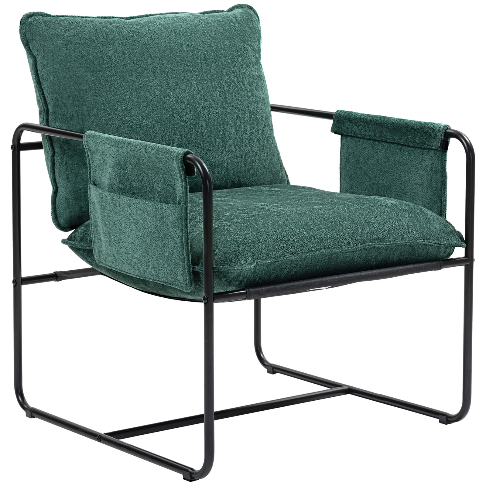 Upholstered Reading Chair With Side Pockets And Steel Frame | One Size | Green