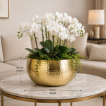 Large Metal Planter Bowl 32 X 20cm Hammered Gold Colour - Curvy Edge