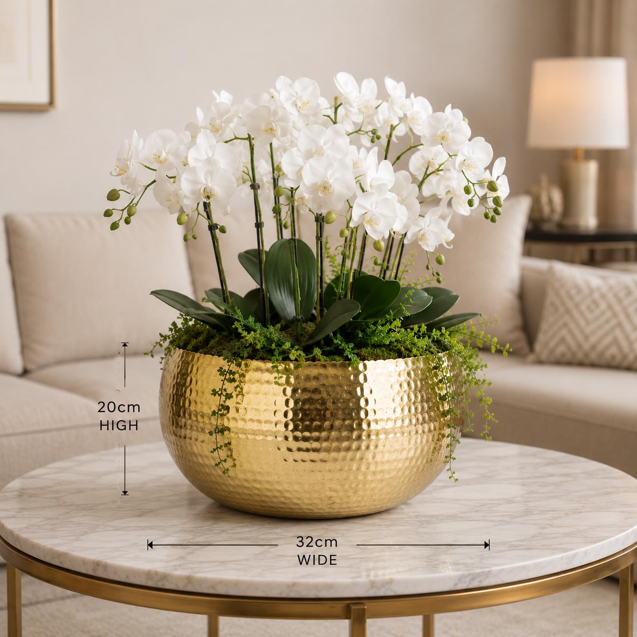 Large Metal Planter Bowl 32 X 20cm Hammered Gold Colour - Curvy Edge