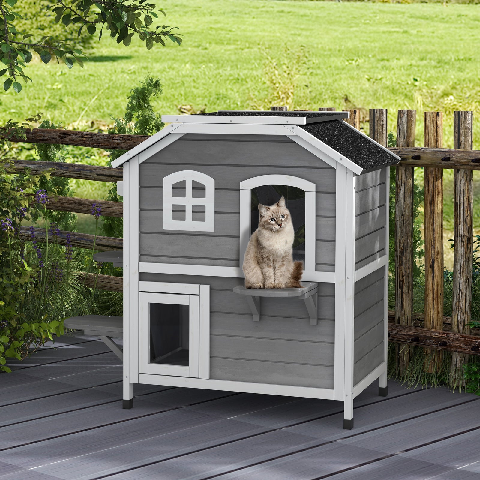 Wooden Cat House Cat Cave Pet Shelter Condos Outdoor | Grey