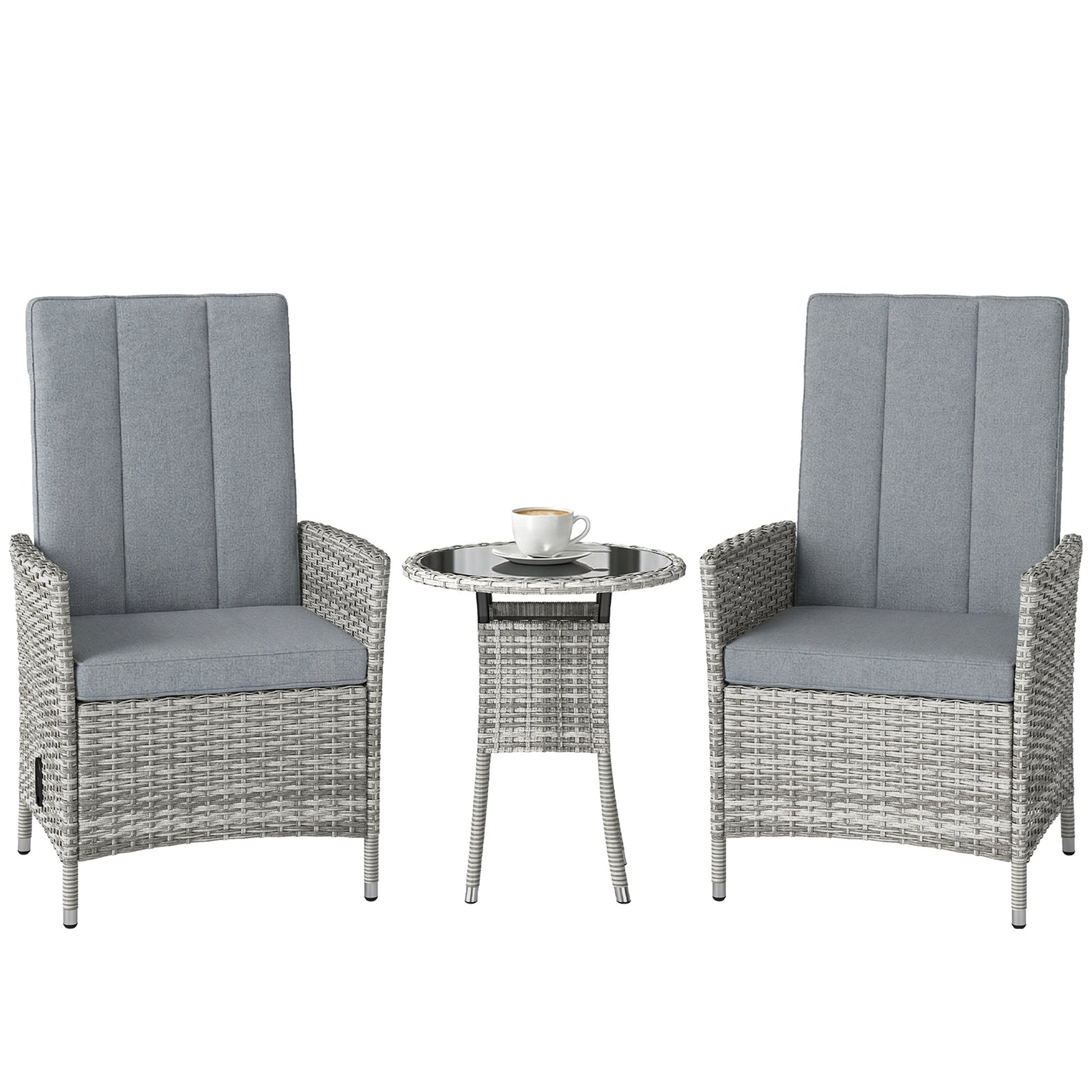 Rattan Bistro Set, Reclining Garden Chairs And Table | Light Grey