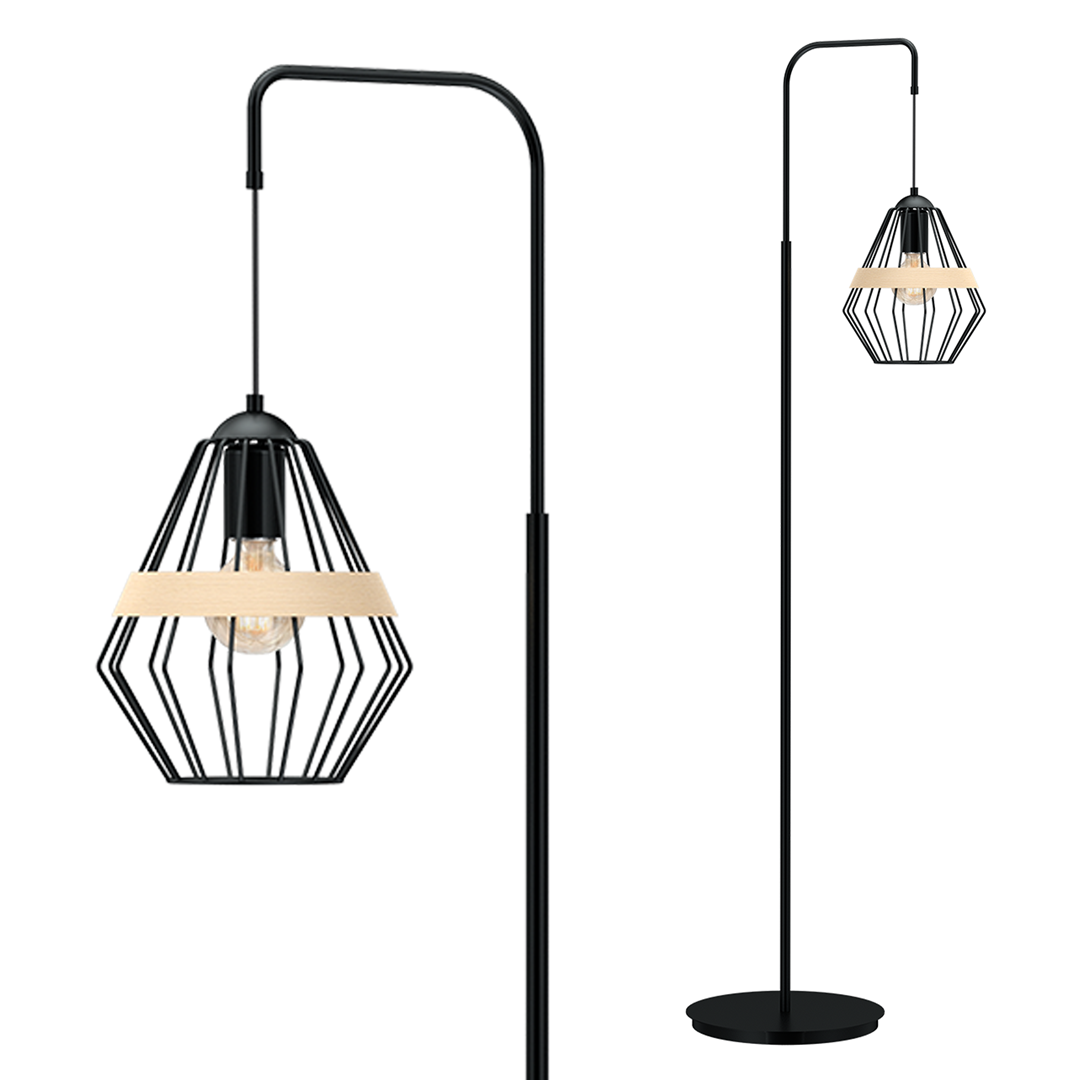 Cliff Black Floor Lamp Hand Made Matt Black Cage Style Lamp With Natural Wood Detail