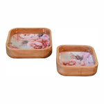Solid Wood Pink Floral Square Bowl Set Of 2