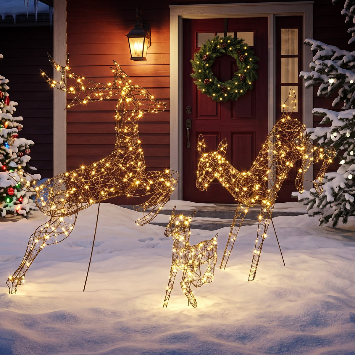 Outsunny 3-piece Light Up Deer Family Set Of 3 With 200 Led Lights, Brown