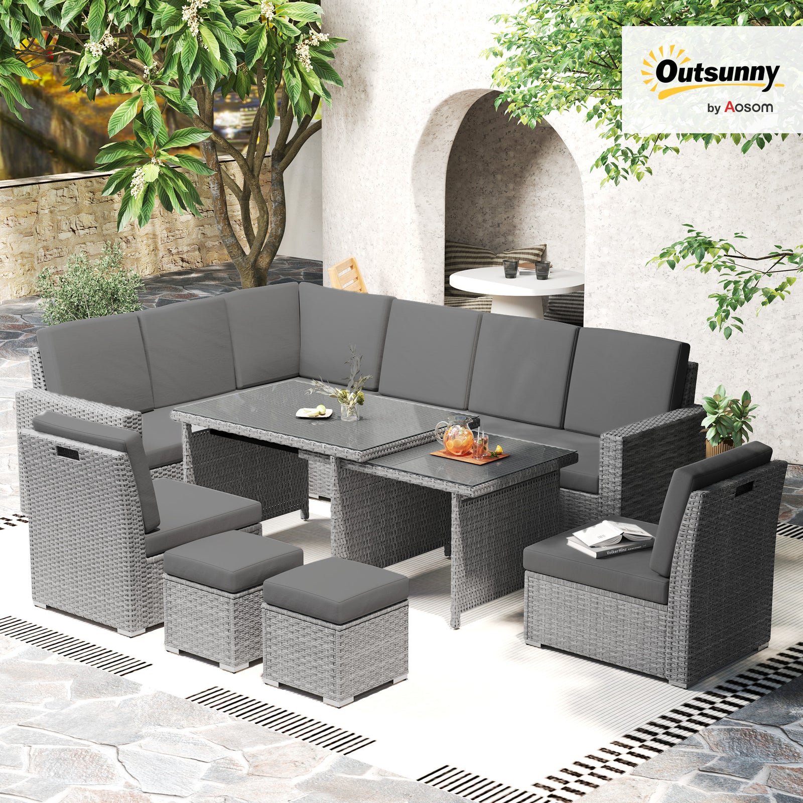 7 Piece Rattan Furniture Set W/ Cushioned Seat, Footstool