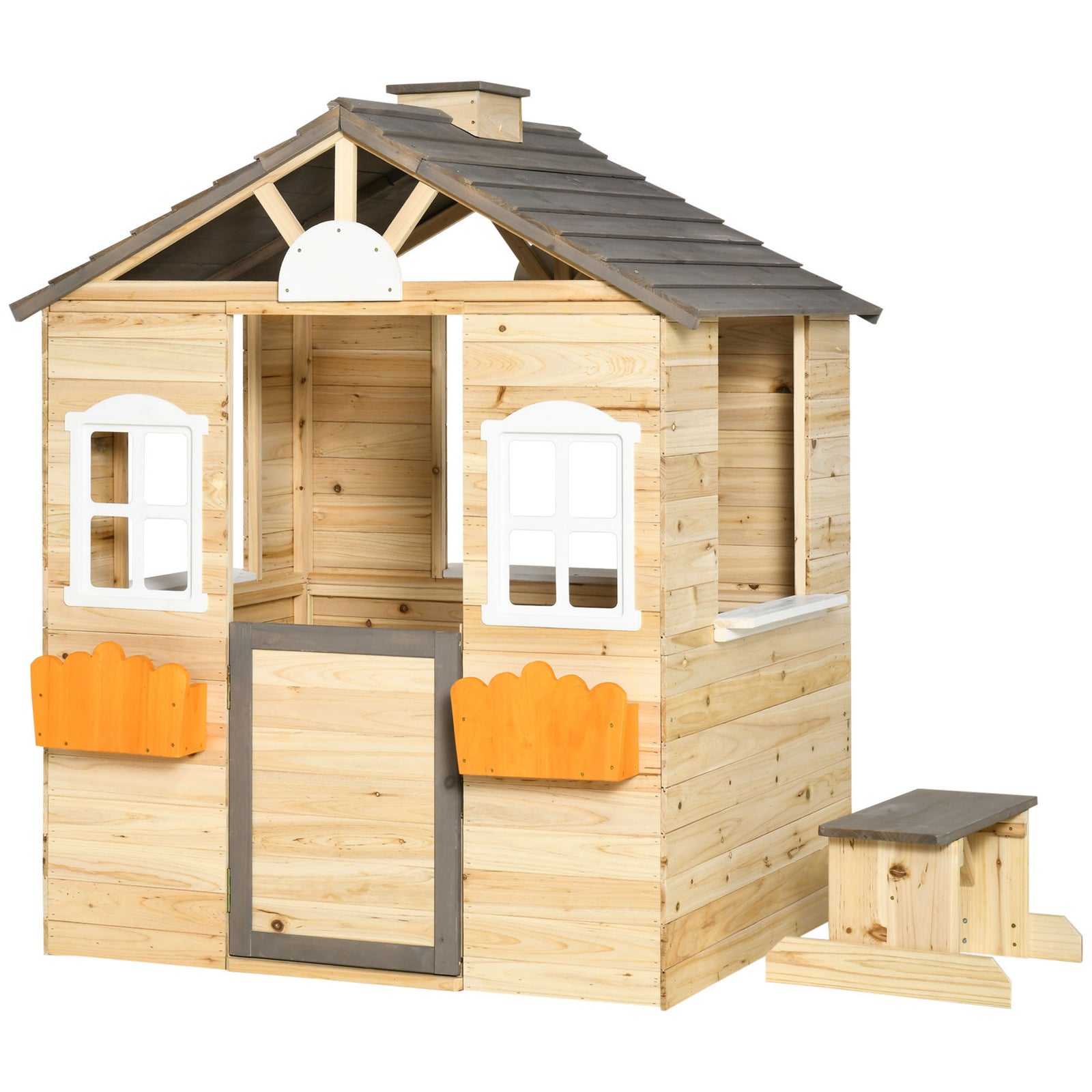 Wooden Kids Playhouse W/ Door, Windows, Bench, For Ages 3-7 Years