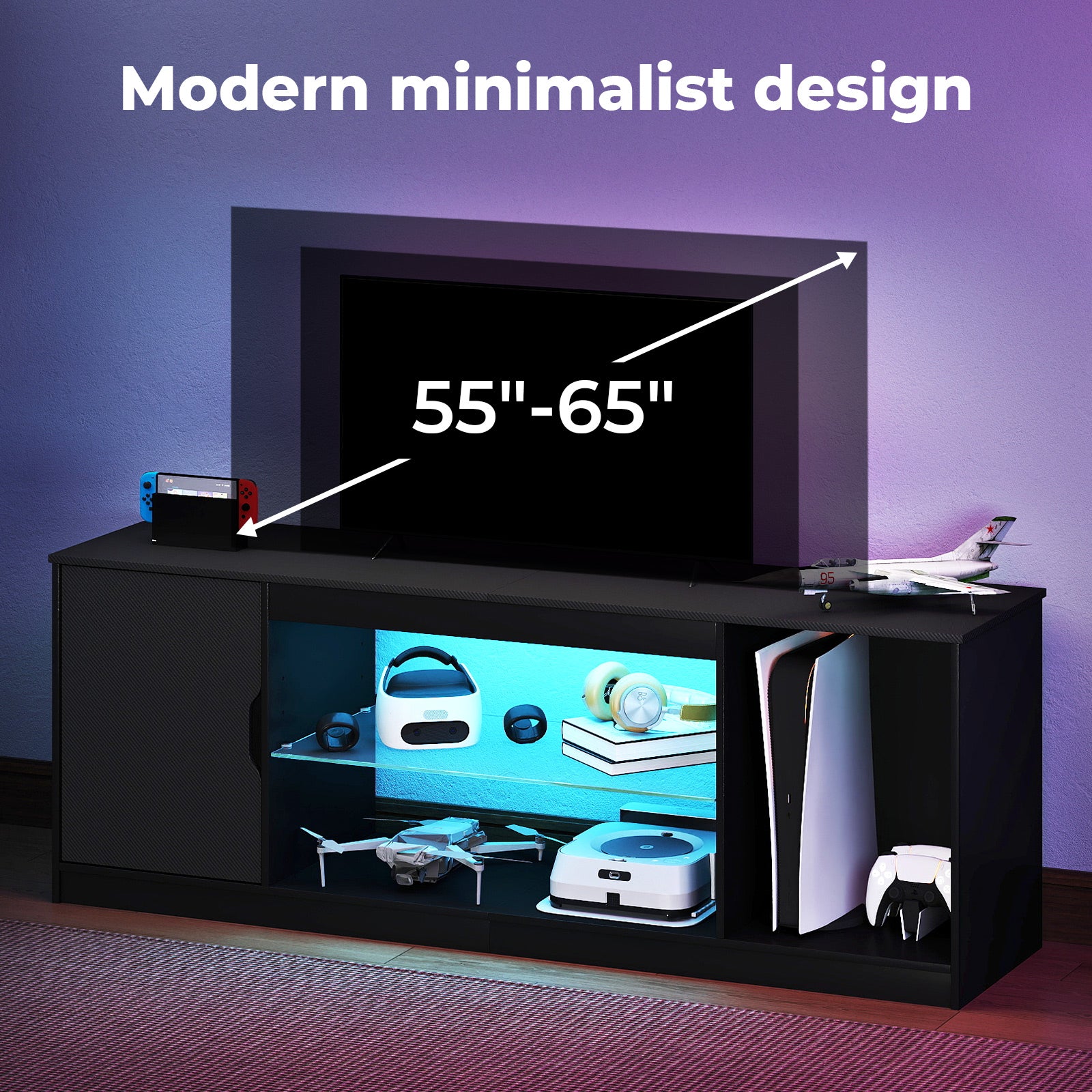 Tv Stand Entertainment Unit Tv Cabinet Stand Storage With Led 140cm Black | Black