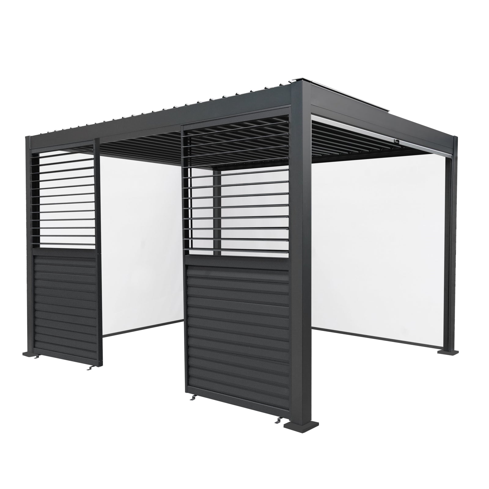 Anthracite Aluminium Pergola With White Blinds & 2 Shutter Panels | 3m x 4m | Anthracite