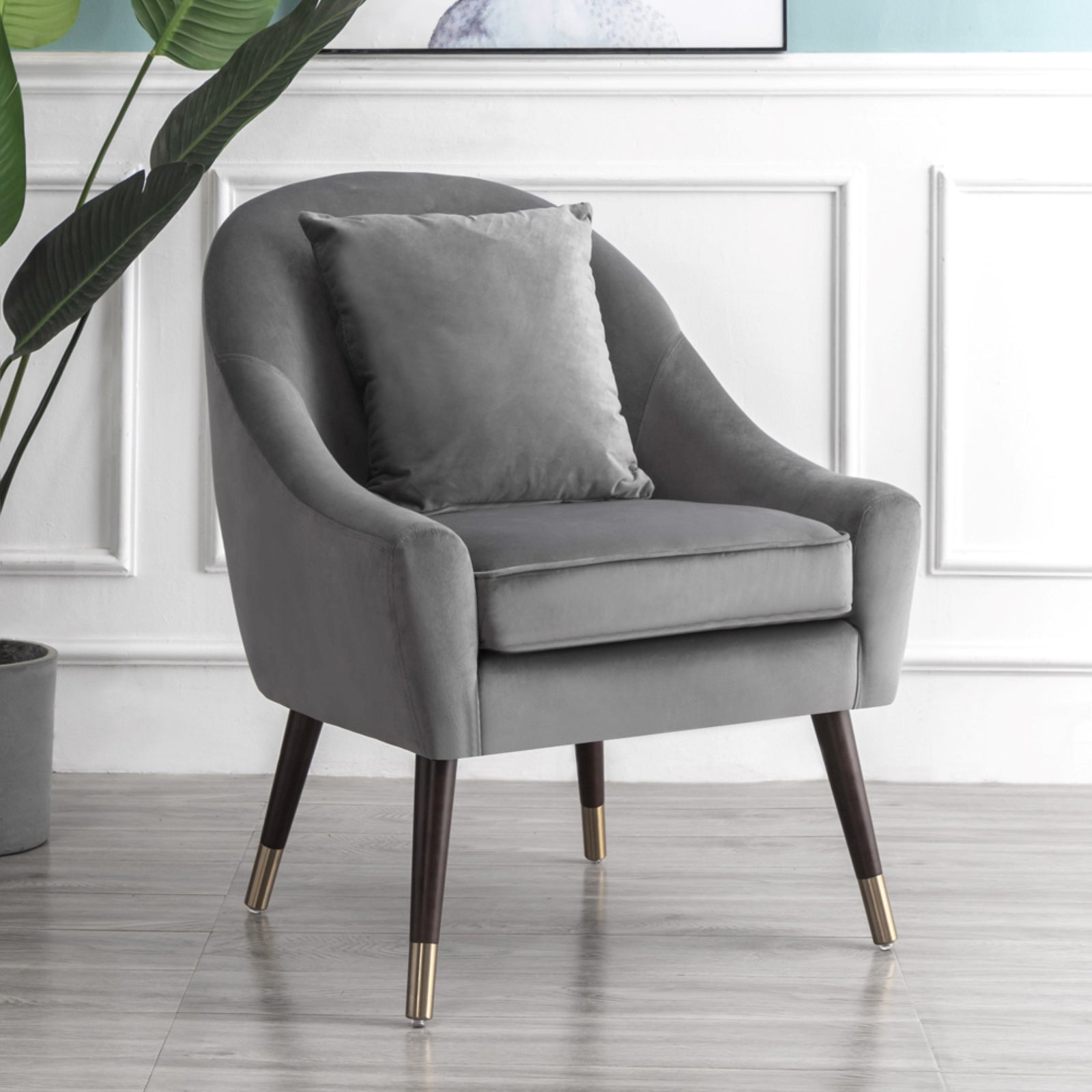 Octavia 74cm Wide Pillow Back Velvet Fabric Accent Chair With Steel Tipped Walnut Colour Wooden Legs | Grey