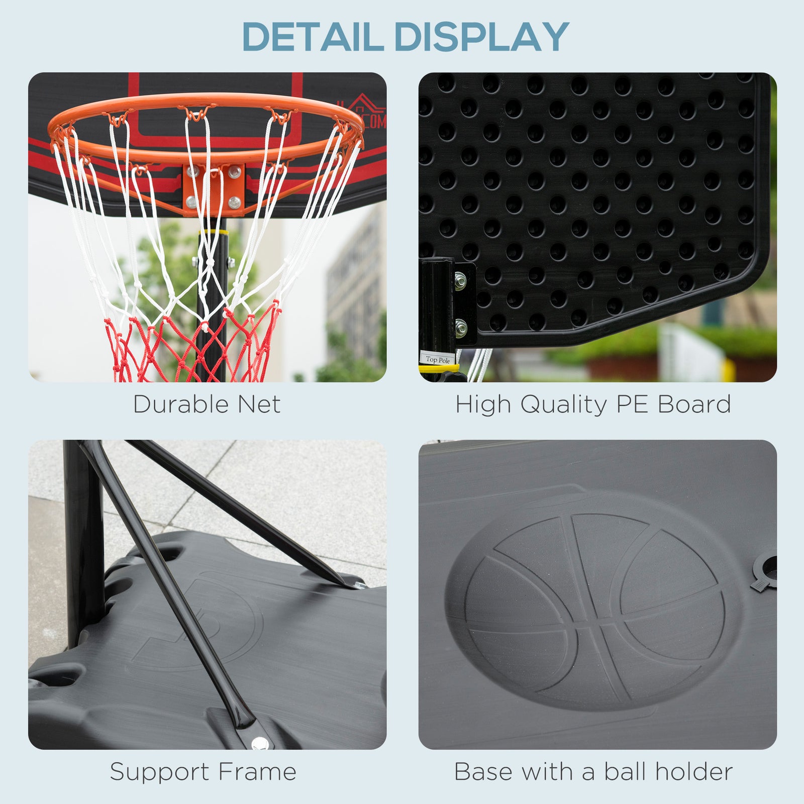 Outdoor Adjustable Basketball Hoop Stand Wheels 210-260cm | Black