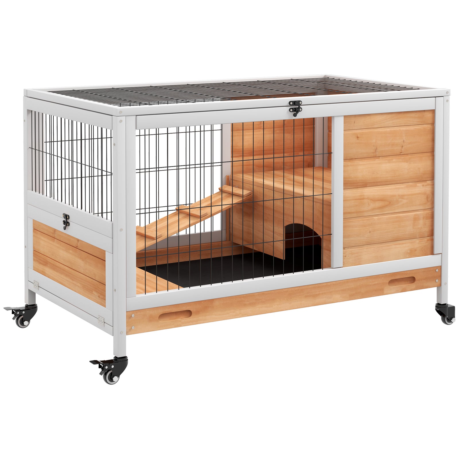 Wood Indoor Rabbit Hutch Elevated 2-floor Guineas Pigs Cage W/ Wheels | Yellow