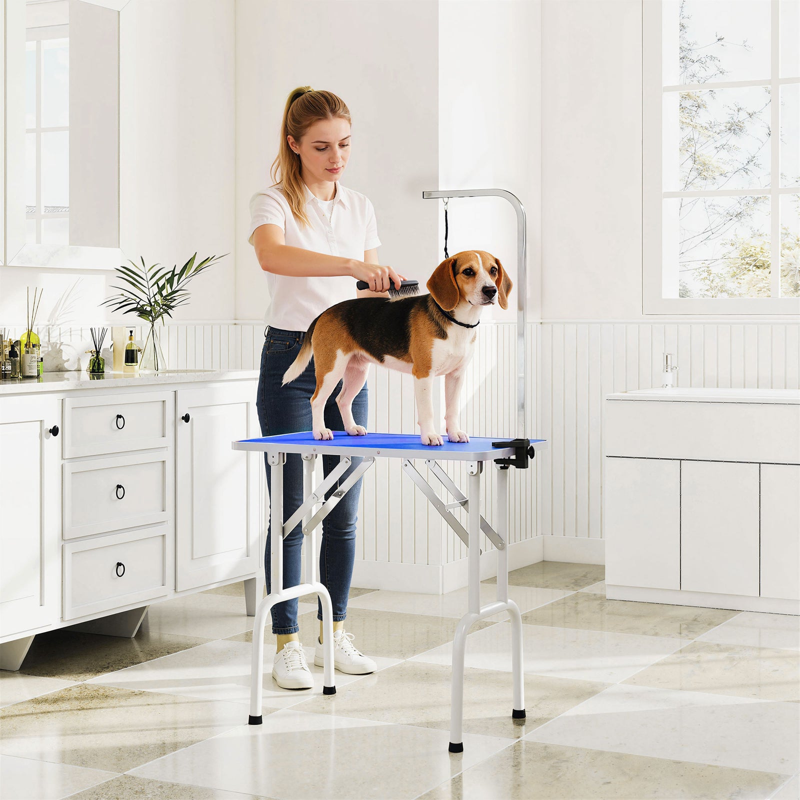 Foldable Dog Grooming Table Adjustable Arm 81x49x80cm | Blue