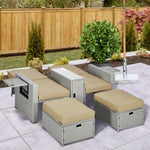5-level Rattan Sun Lounger W/ Tea Table & Footstools | Beige