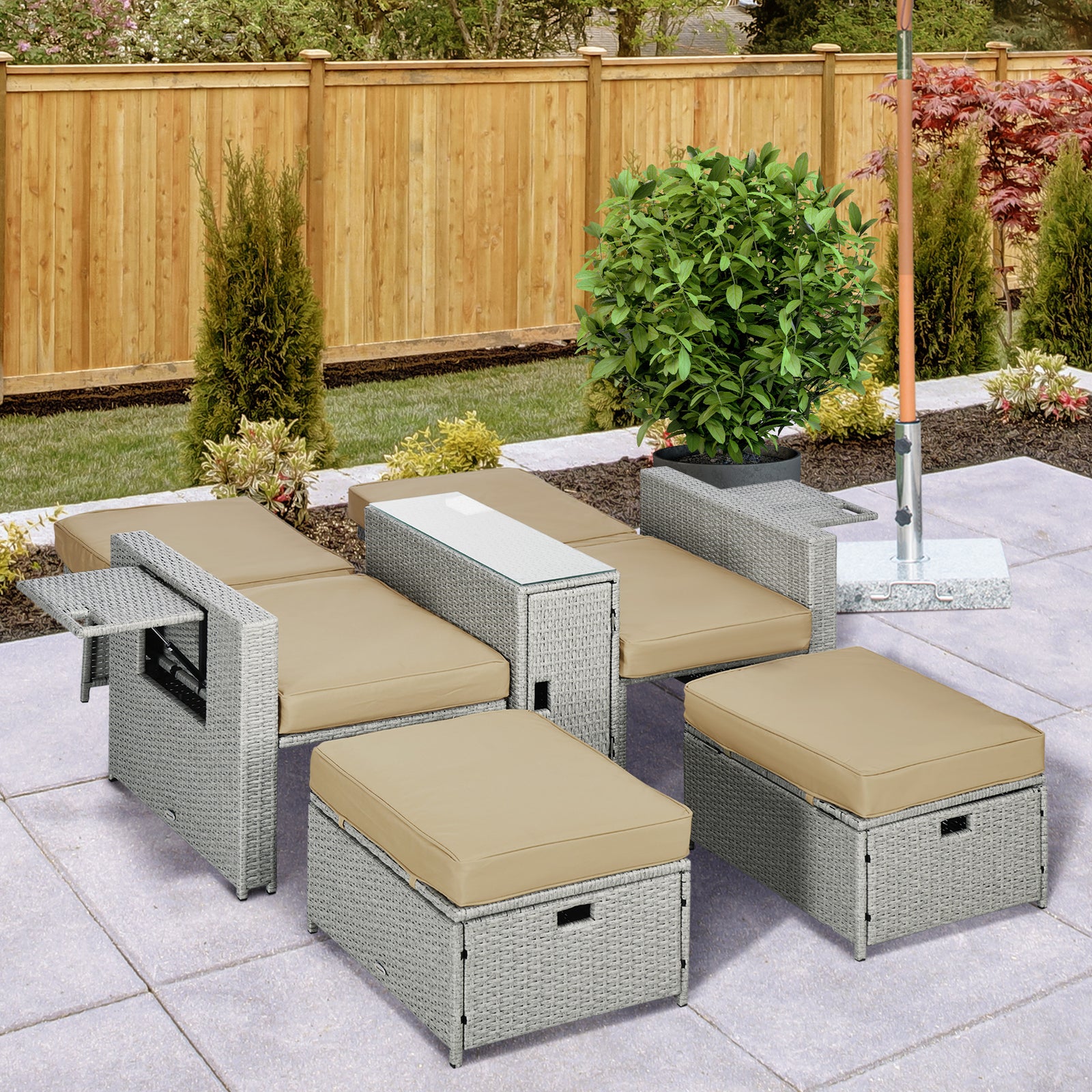 5-level Rattan Sun Lounger W/ Tea Table & Footstools | Beige
