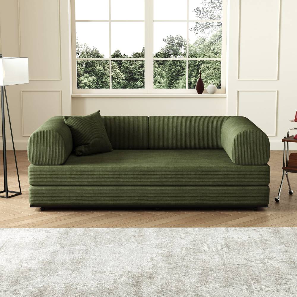 Corduroy Sofa Bed With Sliding Frame | High-resilience Foam Convertible Sleeper Sofa | Small | Green