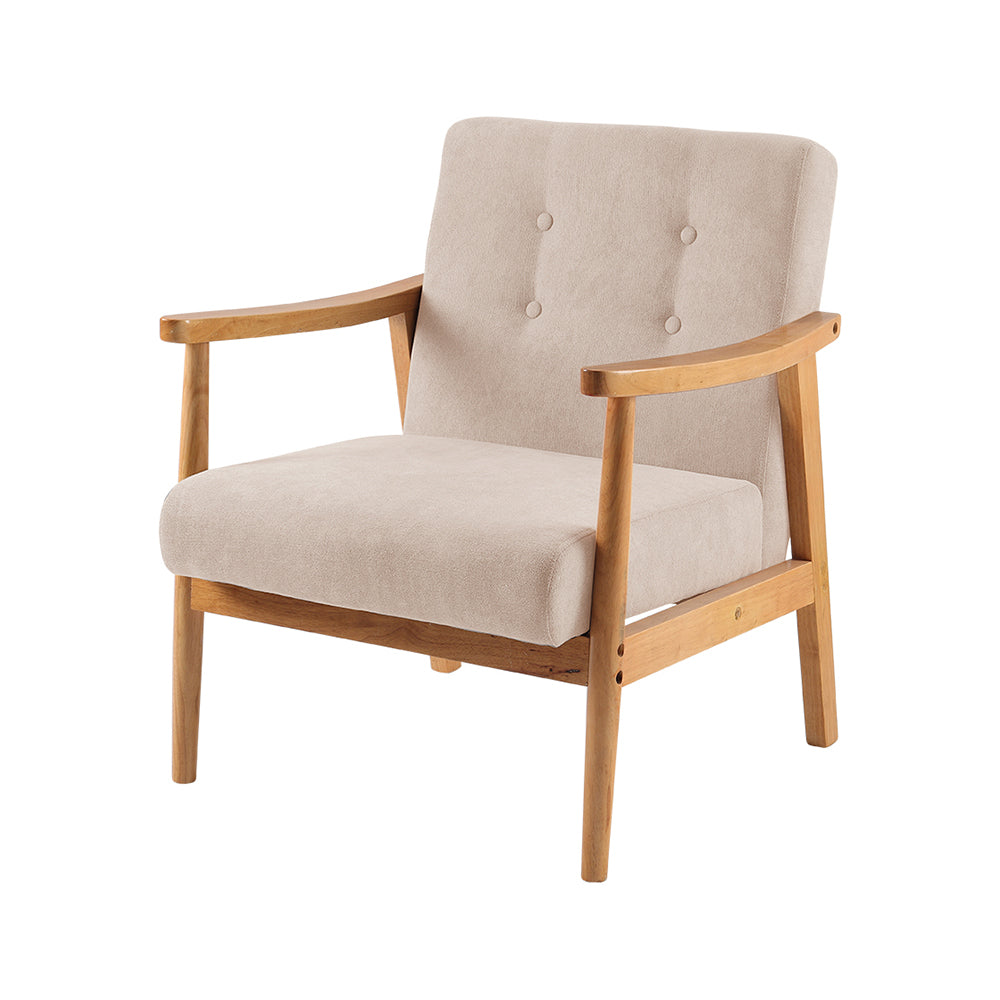 Modern Beige Fabric Armchair with Wooden Frame and Padded Cushion