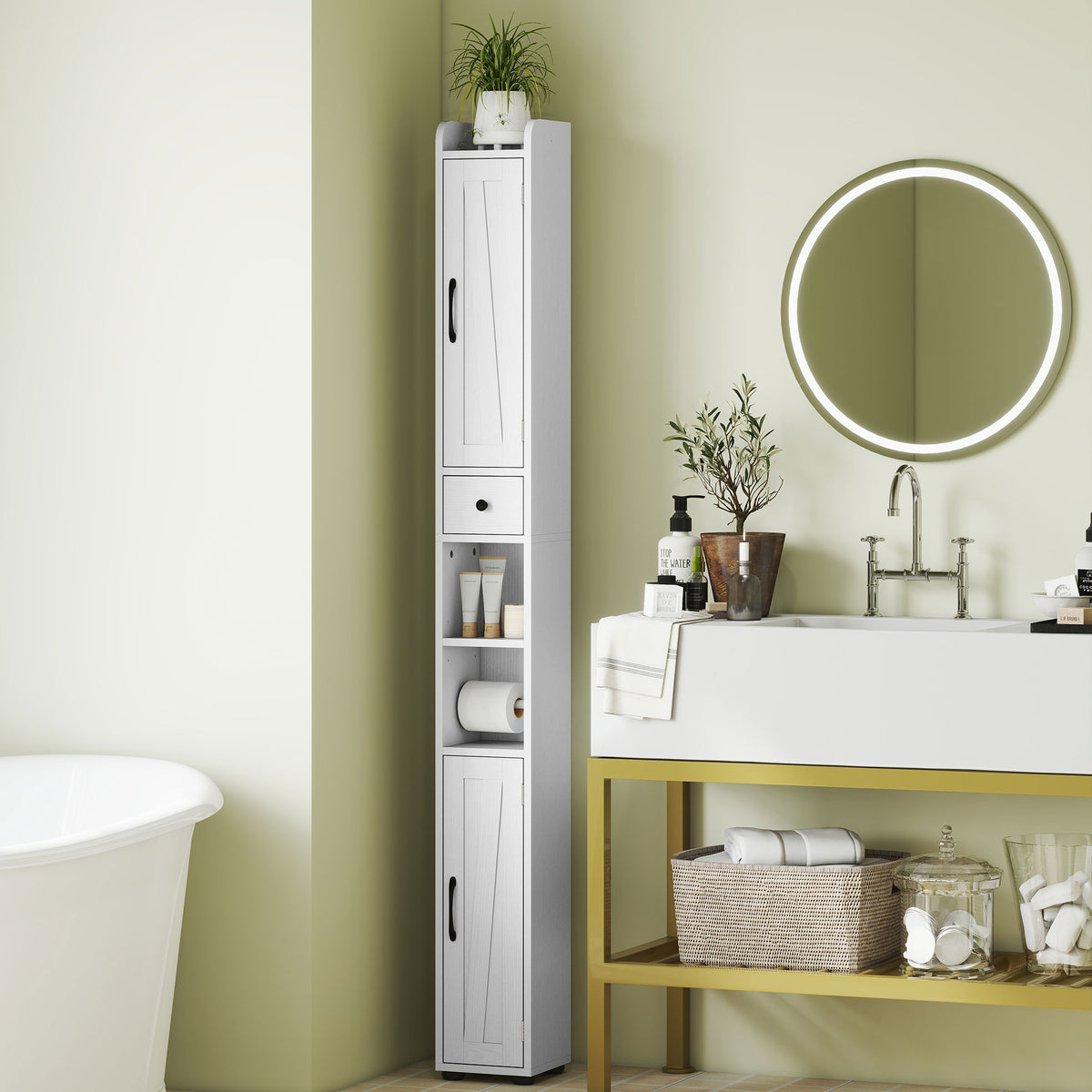 HOMCOM Tall Bathroom Storage Cabinet Slim Bathroom Cabinet With Drawer White