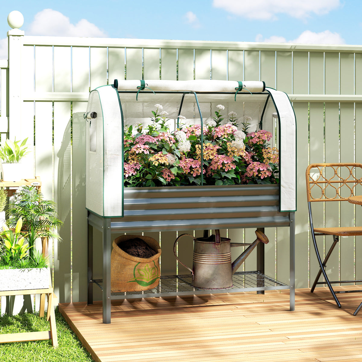 Outsunny Galvanised Raised Planter With Greenhouse Cover And Bottom Shelf