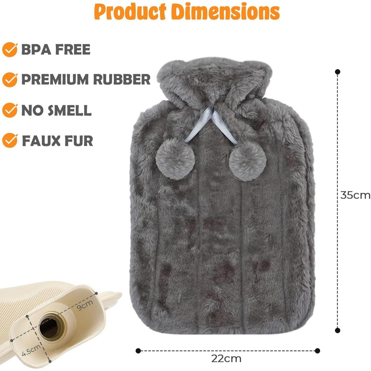 Dyzi 2l Hot Water Bottle With Soft Faux Fur Cover Charcoal Grey
