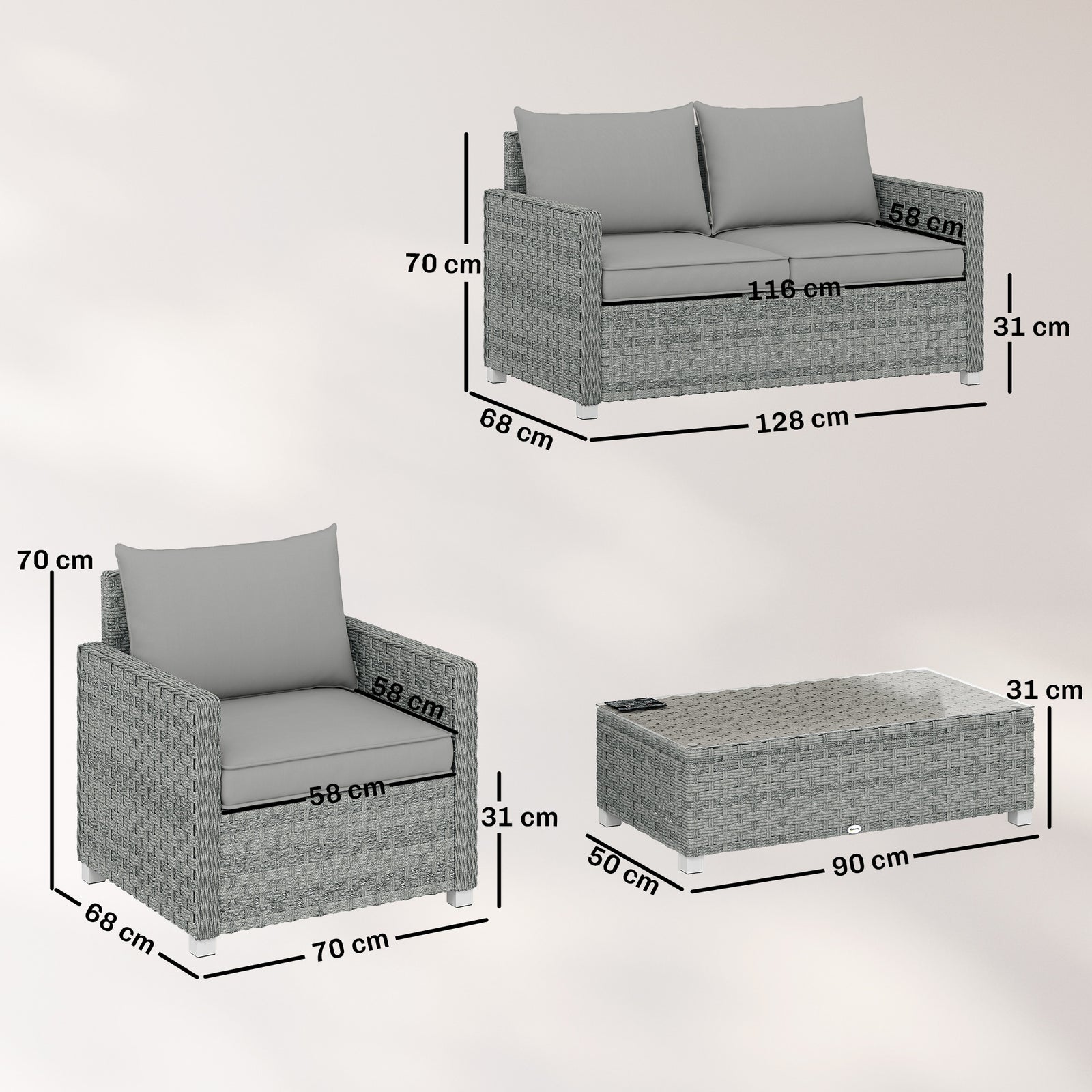 4 Seater Rattan Garden Furniture Set With Cushions, Grey