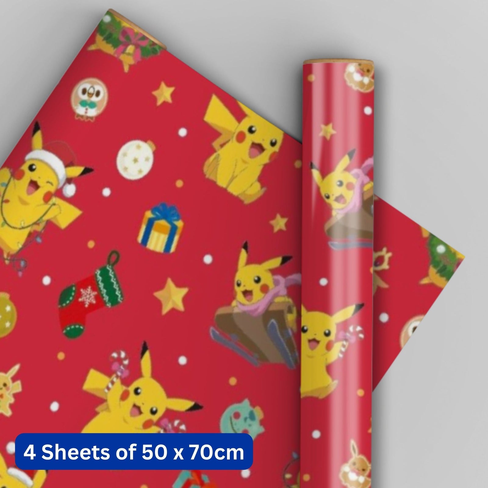 Pokemon Christmas Gift Wrap, 4 Sheet 4 Tag, Official Product