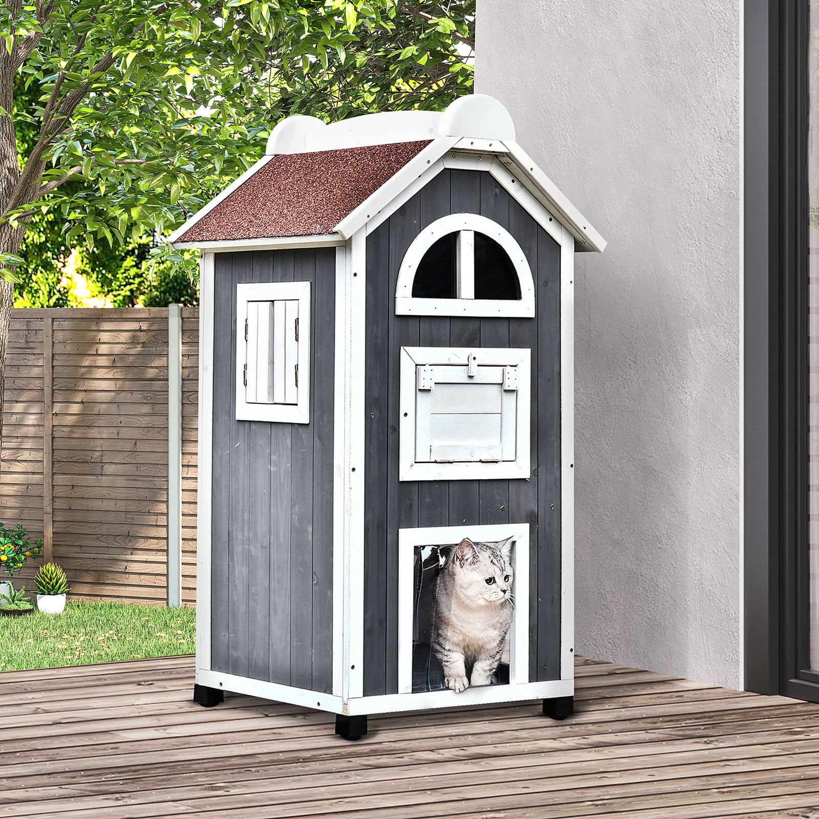 Wooden Cat House Condos Cat Cave 2 Floor Pet Shelter Outdoor Furniture