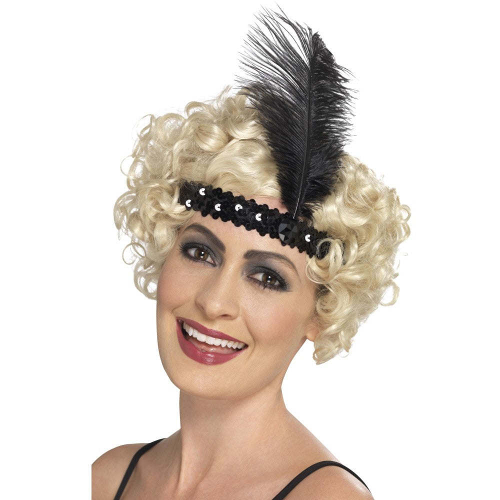 Flapper Headband, With Feather | Black