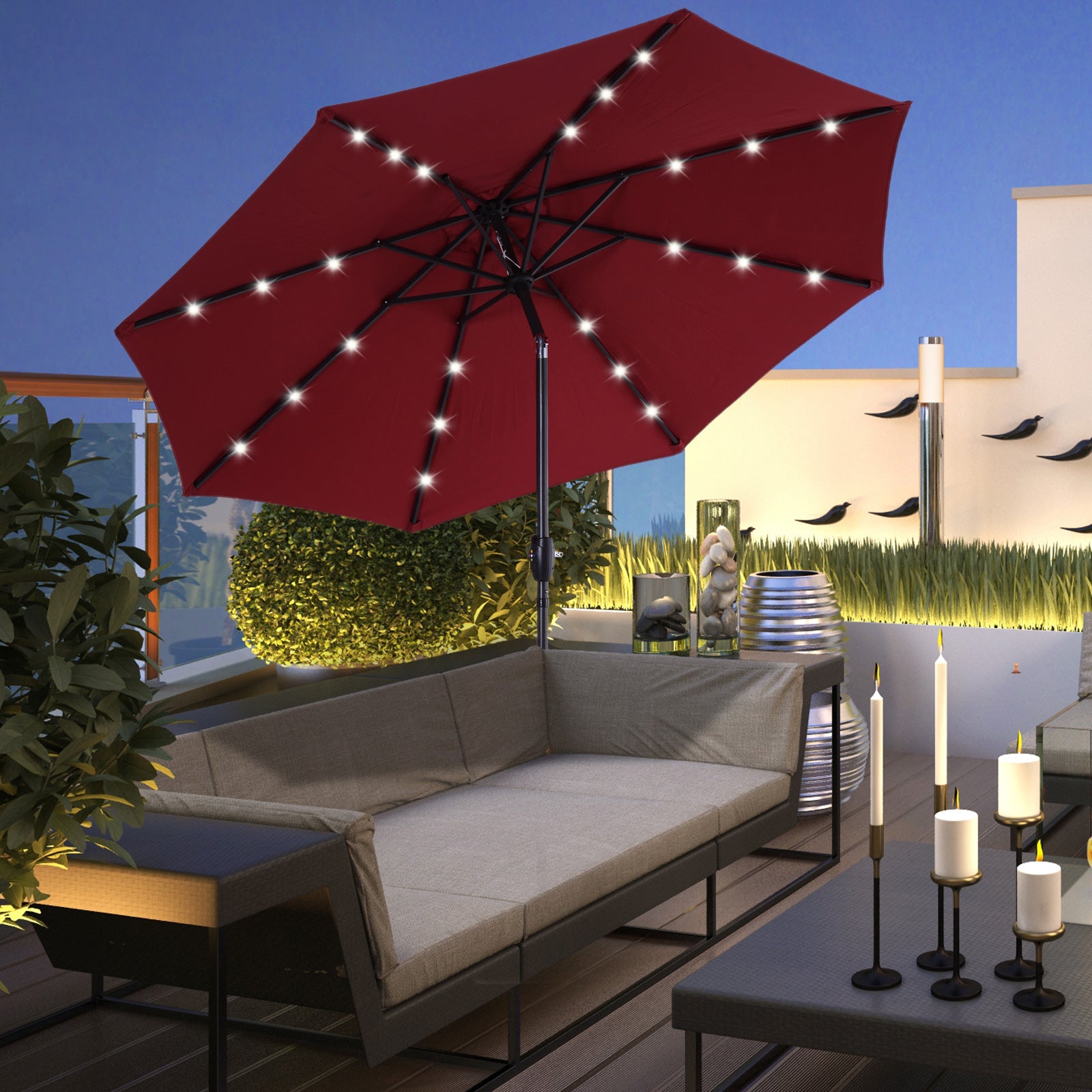 Parasol Patio Umbrella W/ Led Light Crank | Red