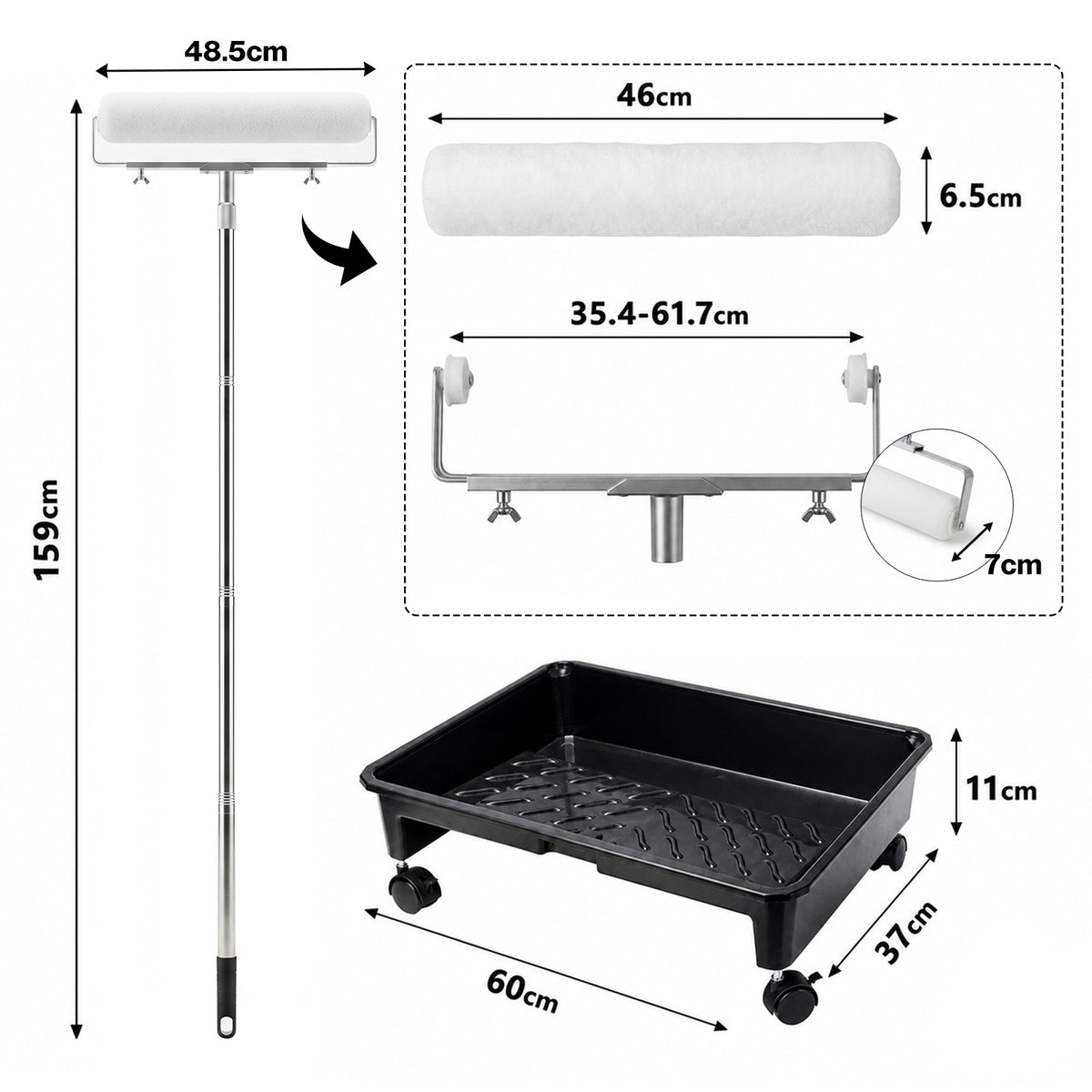 Paint Roller Set 5-wheel Tray Extendable Pole For Walls 13pcs