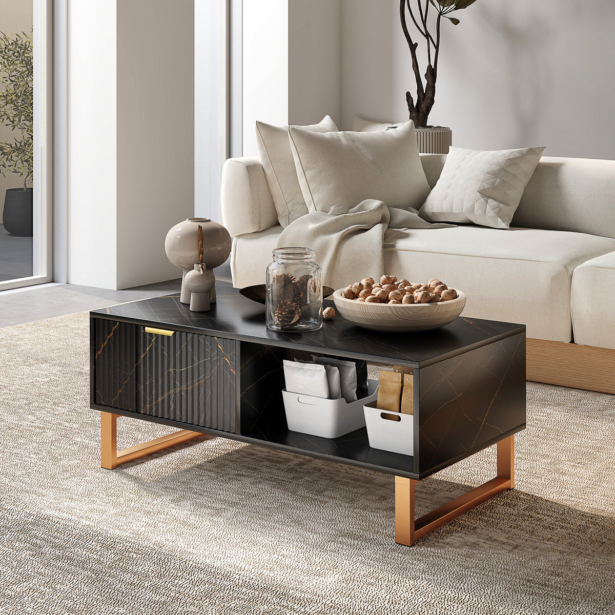 Coffee Table, Living Room Table With Drawer And Open Shelves | Black