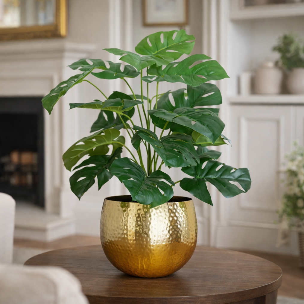 60cm Artificial Monstera Plant With Golden Metal Planter Included