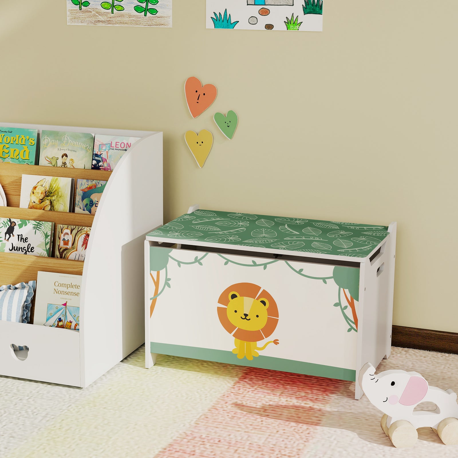 Toy Box With Lid, Safety Hinges For Kids, Nursery, Bedroom | Green