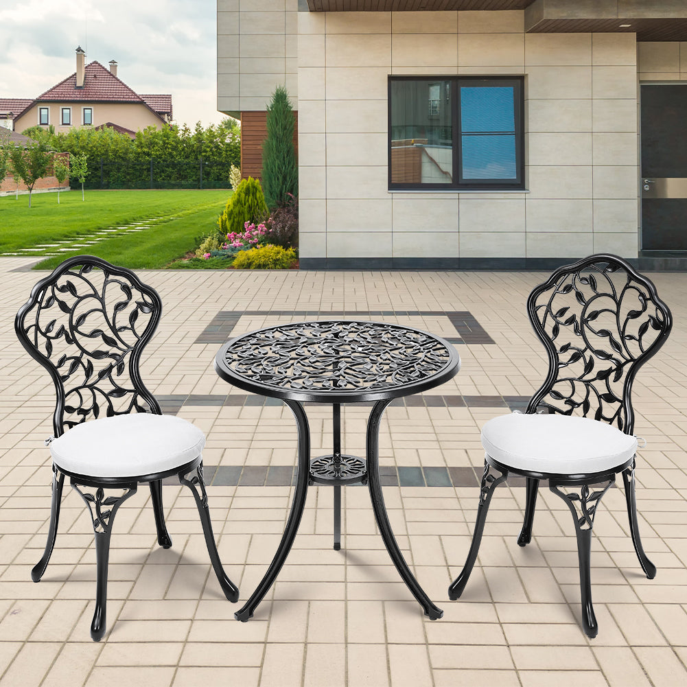 3-Piece Black Cast Iron Outdoor Bistro Set  Weather Resistant Patio Furniture with Round Table & 2 Chairs – Small Balcony or Garden Use | Set-of-3 | Black