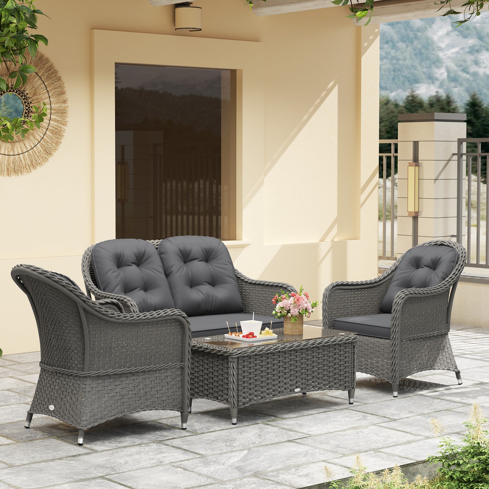 4 Pieces Pe Rattan Wicker Sofa Set Outdoor Conservatory | Light Grey