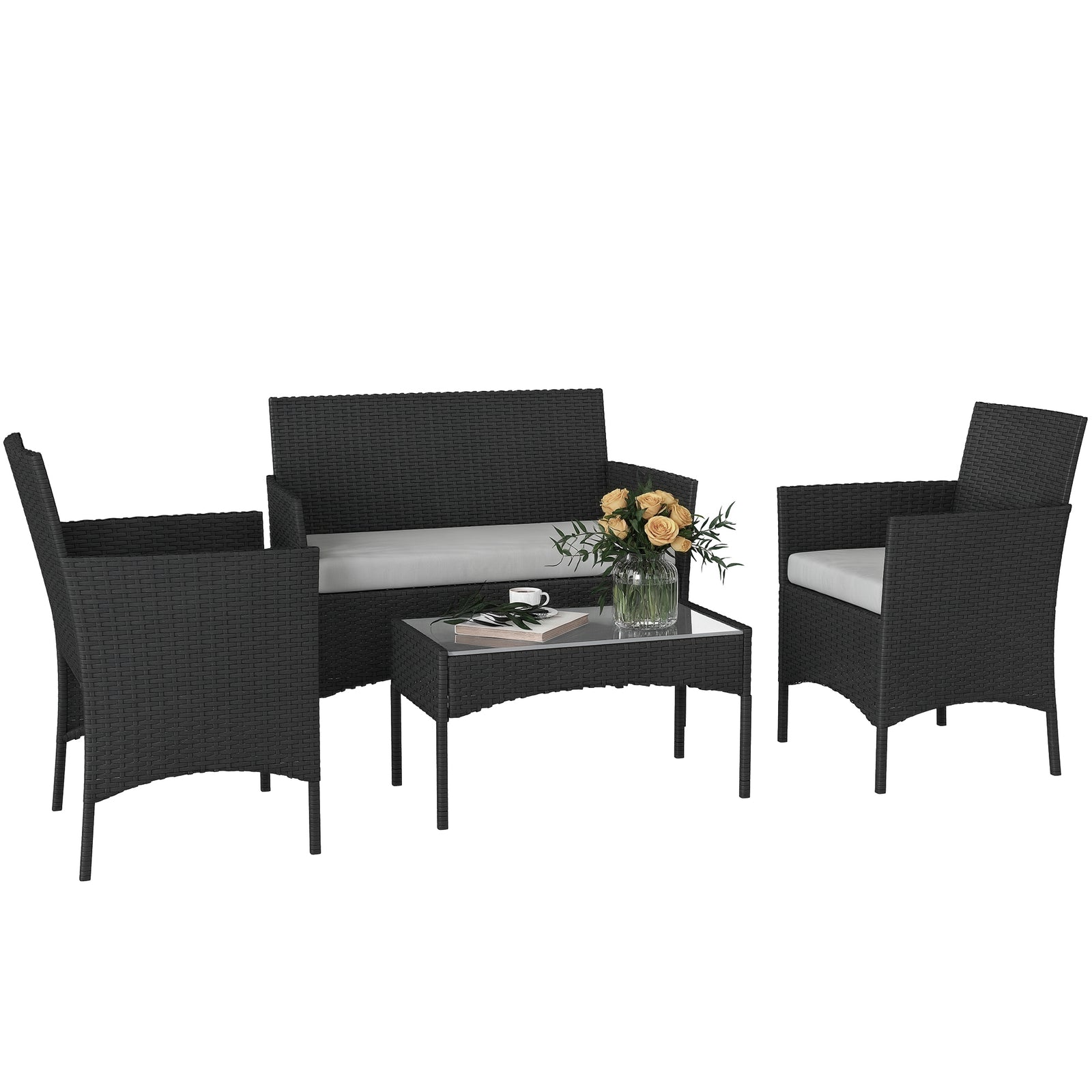 4 Piece Rattan Garden Furniture Sofa Set With Cushions | Black
